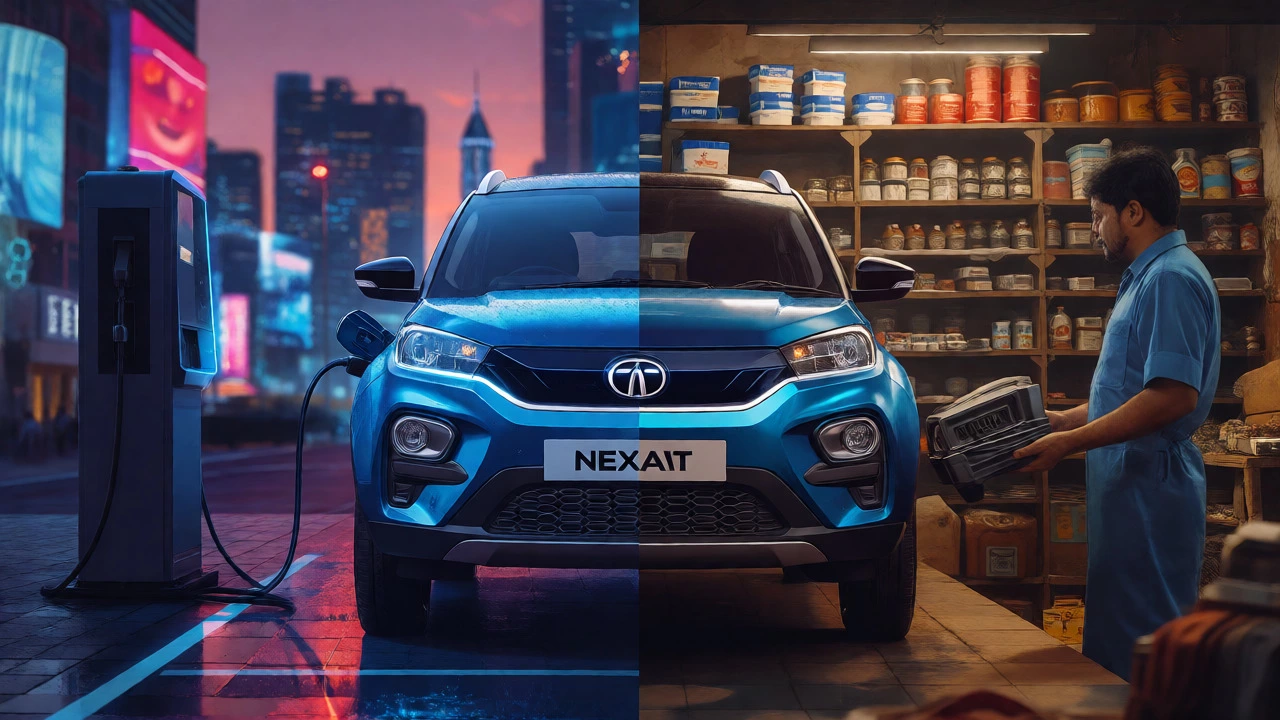 Split view of Tata Nexon EV charging and mechanic holding Maruti parts