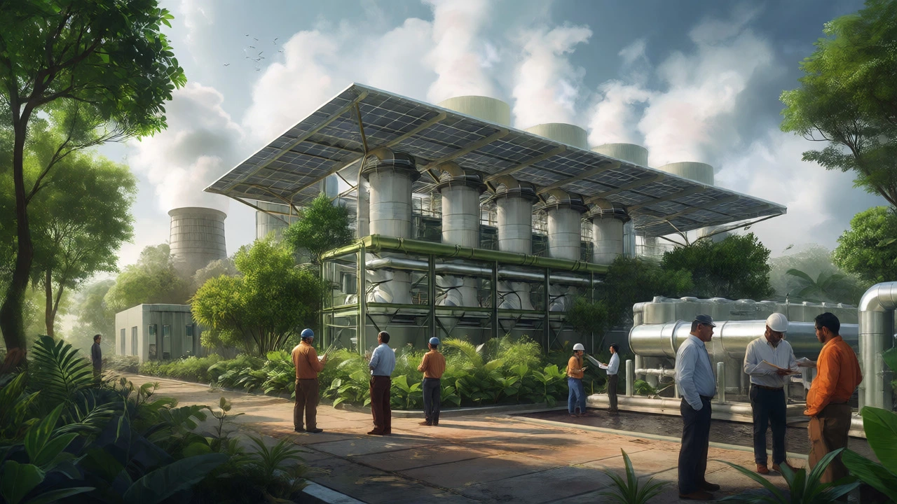 Sustainable green chemical factory with solar panels and greenery